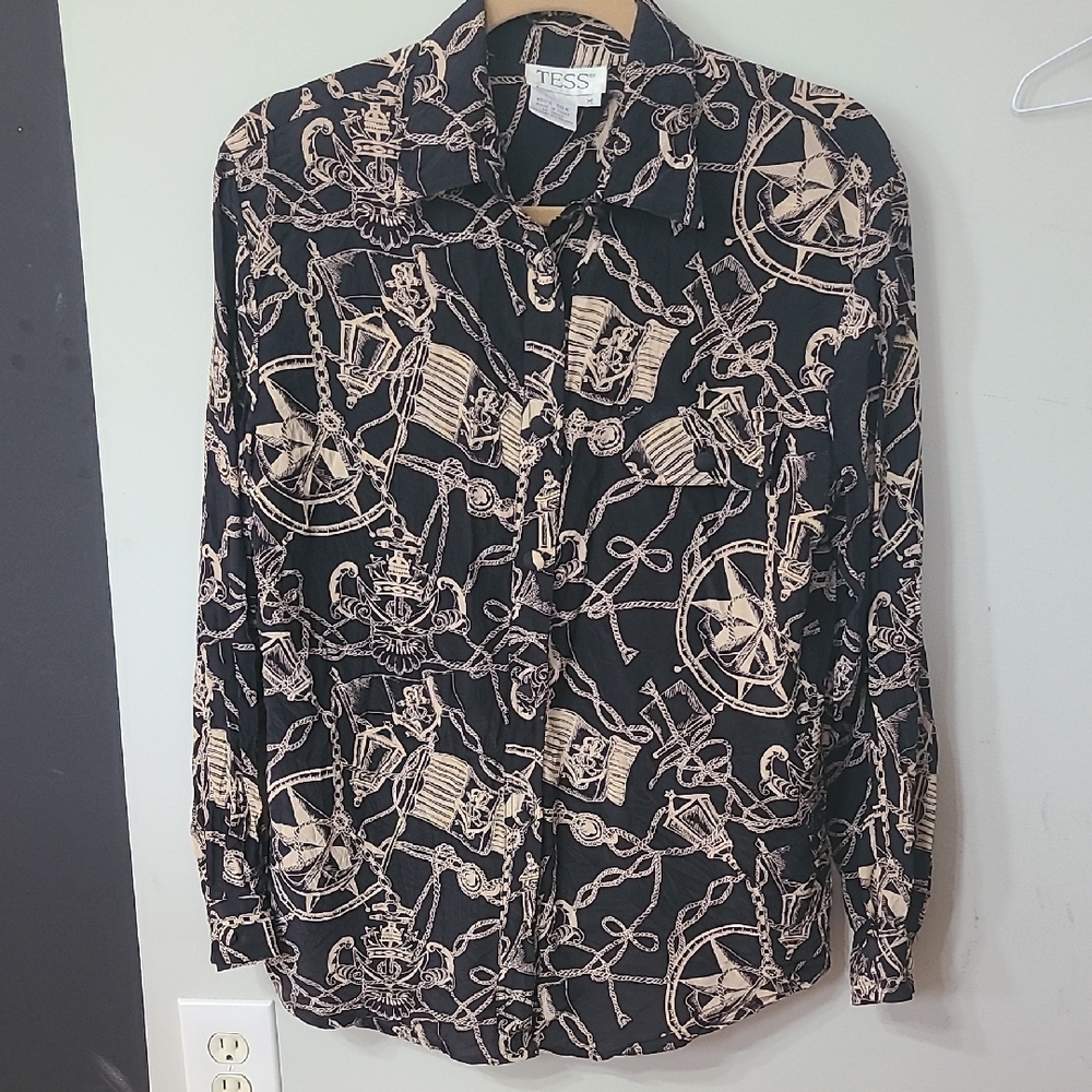 Vintage Nautical Print 100% Silk Long Sleeve ButtonUp Black Cream Size Medium